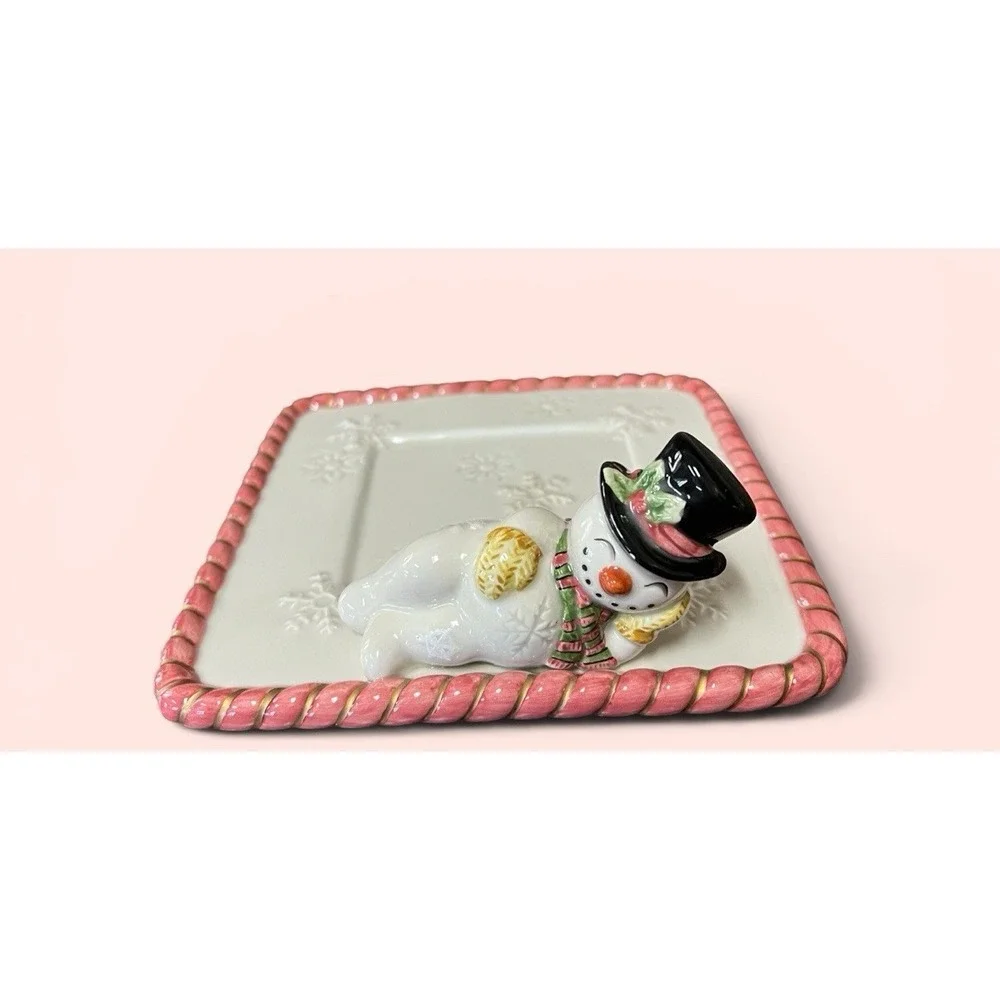 Fitz & Floyd Frosty Folks Snowman Candy Dish Trinket Tray Snowflakes‎ Candy Cane